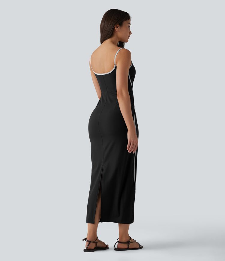 Ribbed Sweetheart Neck Non-Removable Pad Color Block Midi Casual Slip Dress