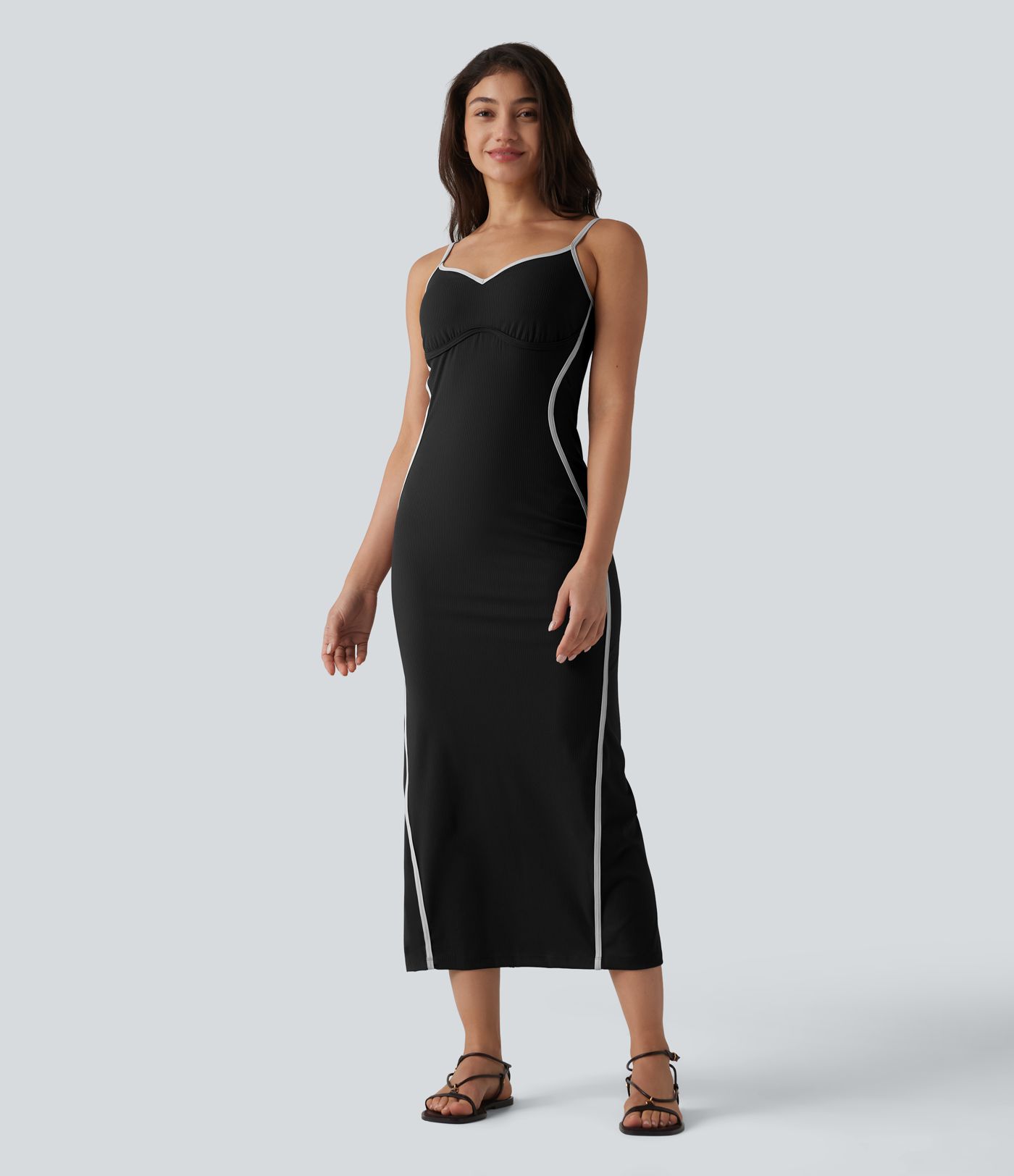 Ribbed Sweetheart Neck Non-Removable Pad Color Block Midi Casual Slip Dress