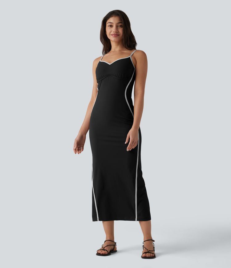 Ribbed Sweetheart Neck Non-Removable Pad Color Block Midi Casual Slip Dress