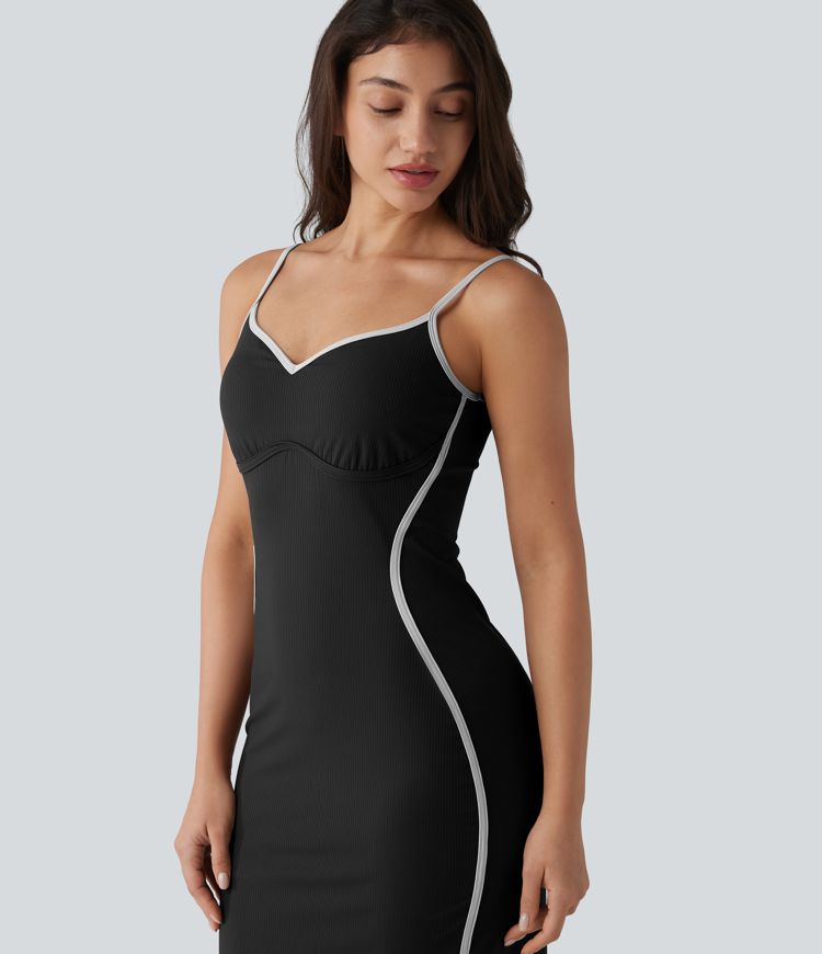 Ribbed Sweetheart Neck Non-Removable Pad Color Block Midi Casual Slip Dress