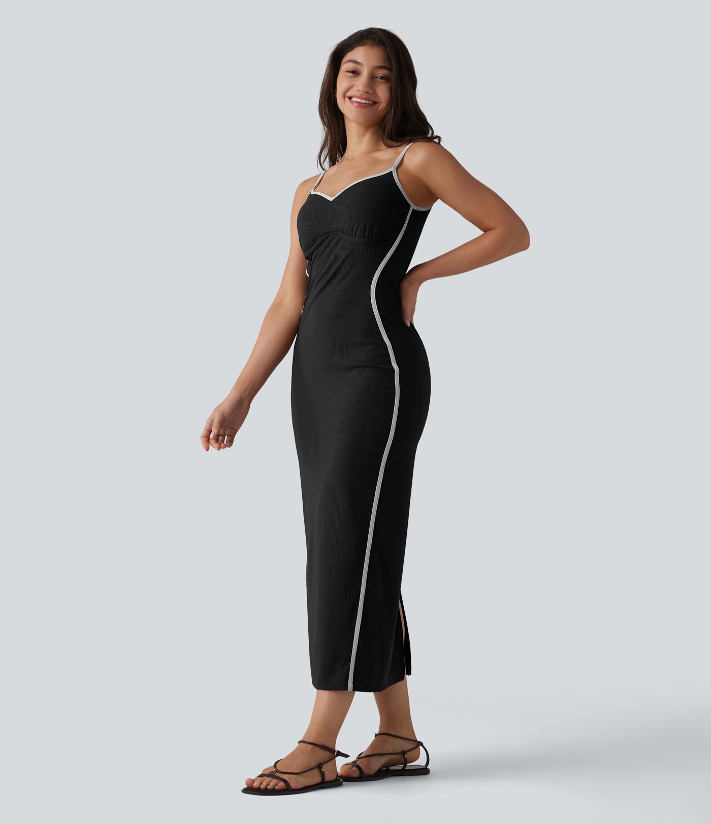 Ribbed Sweetheart Neck Non-Removable Pad Color Block Midi Casual Slip Dress