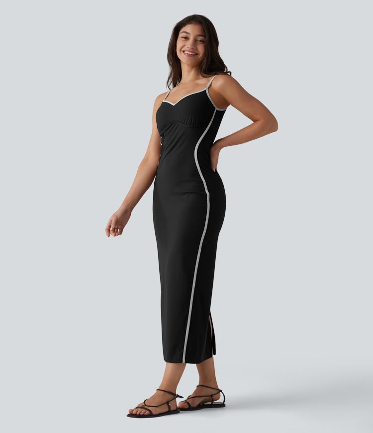 Ribbed Sweetheart Neck Non-Removable Pad Color Block Midi Casual Slip Dress