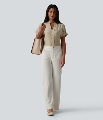 Short-sleeved V-neck linen-look shirt for the office