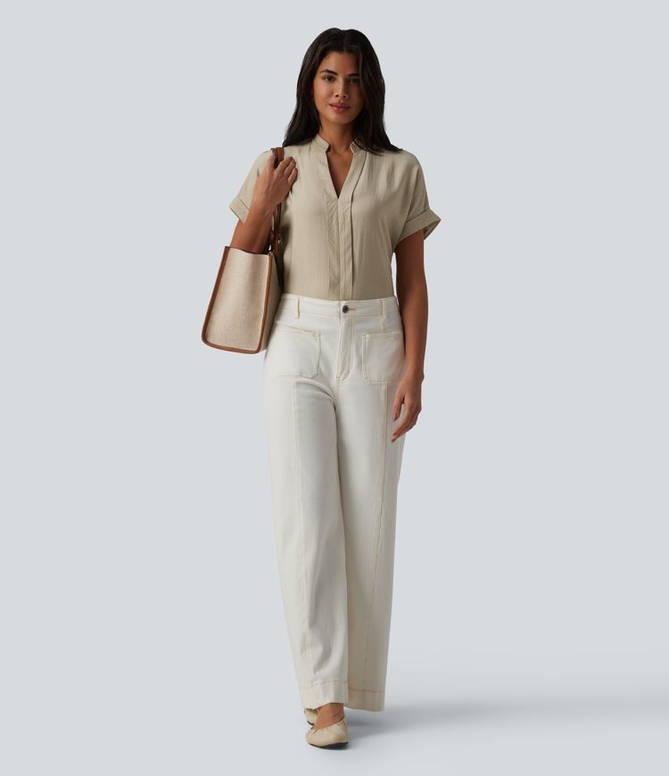 Short-sleeved V-neck linen-look shirt for the office