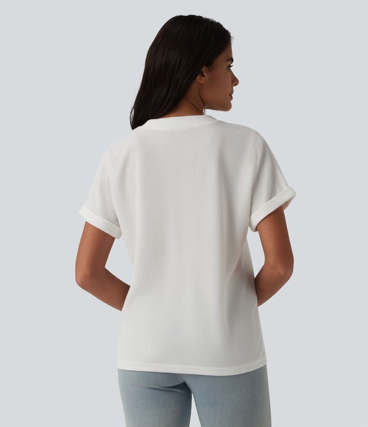 V-neck Button Batwing Sleeve Waffle Casual T-Shirt