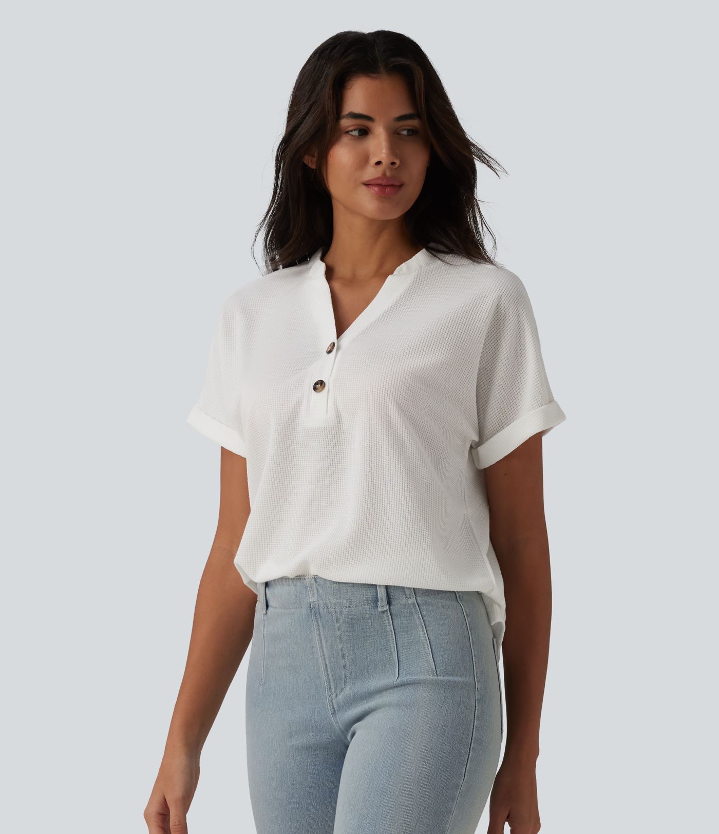 V-neck Button Batwing Sleeve Waffle Casual T-Shirt