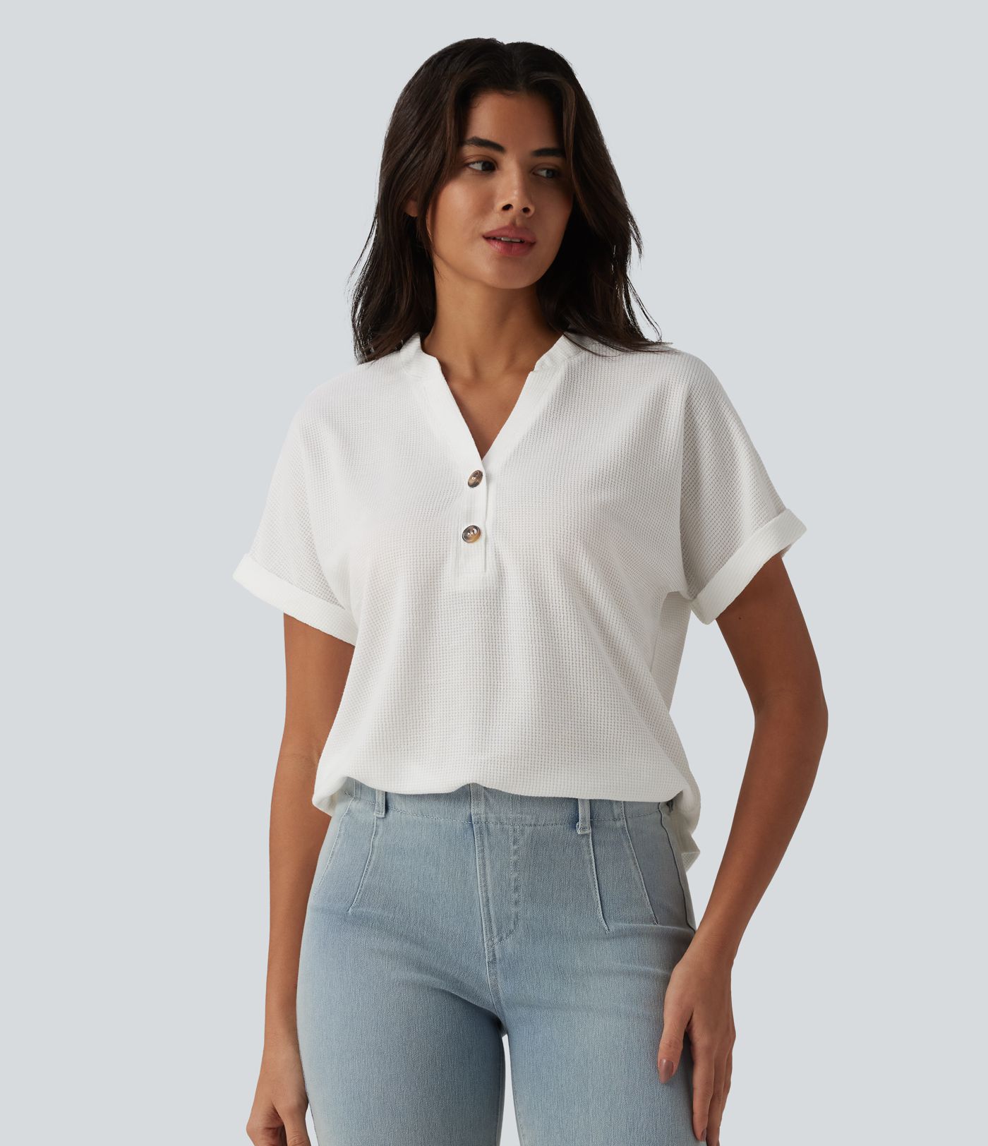 V-neck Button Batwing Sleeve Waffle Casual T-Shirt