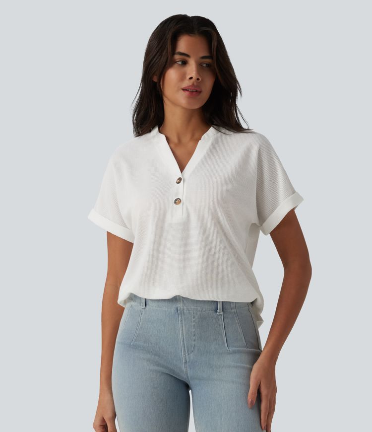 V-neck Button Batwing Sleeve Waffle Casual T-Shirt