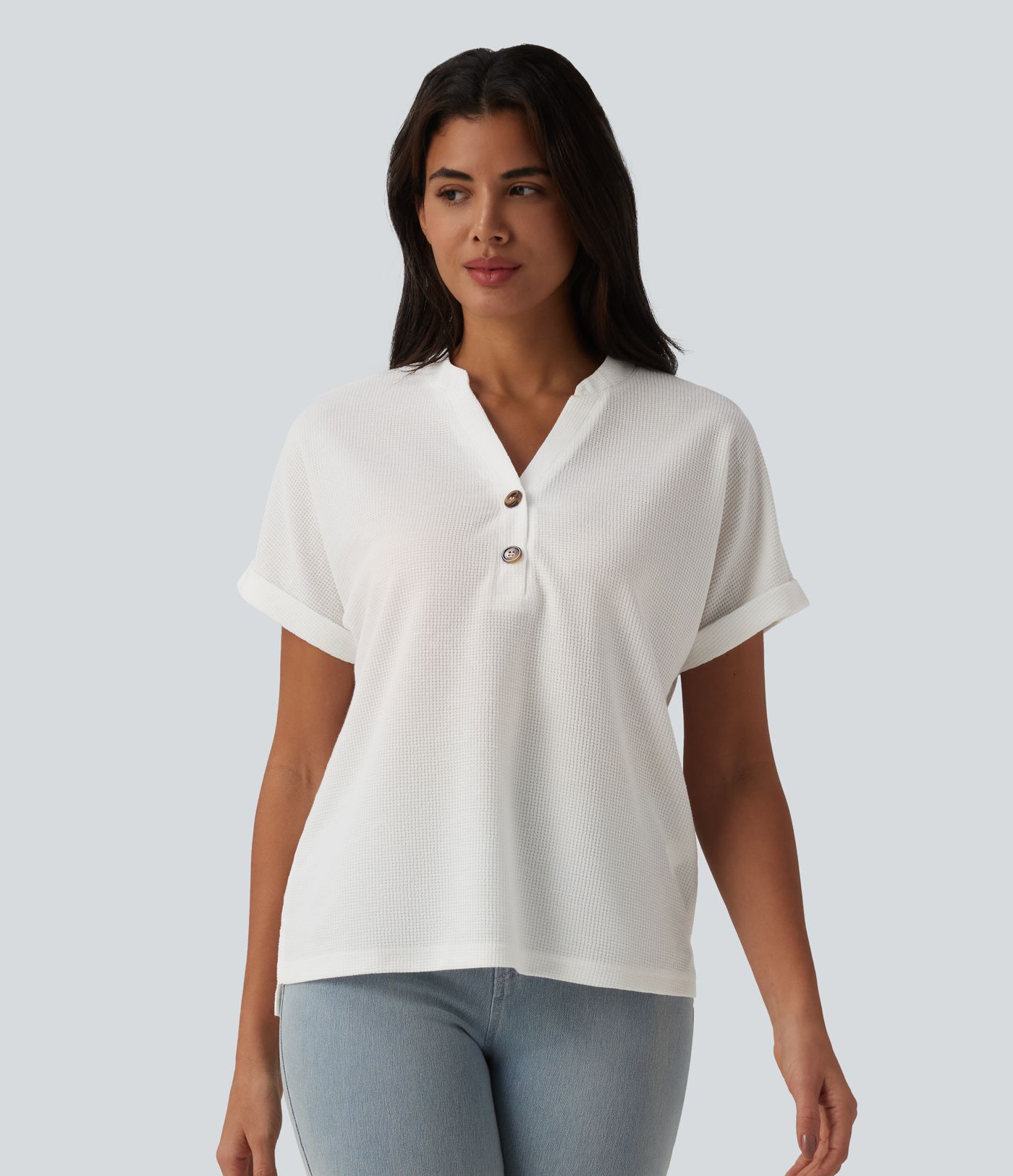 V-neck Button Batwing Sleeve Waffle Casual T-Shirt