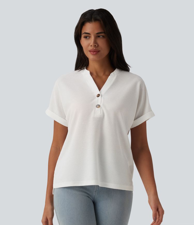 V-neck Button Batwing Sleeve Waffle Casual T-Shirt