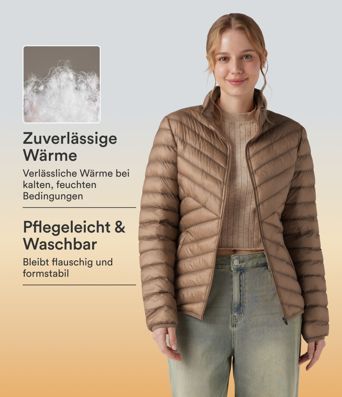 Lässige Kunstdaunenjacke mit Stehkragen, Seitentaschen, langen Ärmeln und Reißverschluss - verstaubar