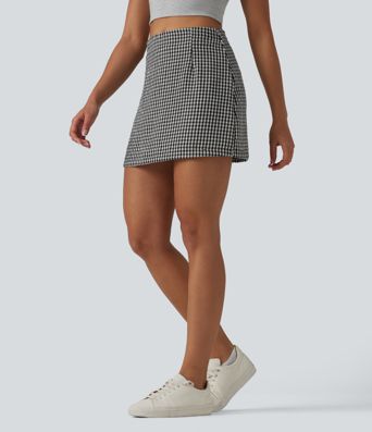 High Waisted 2-in-1 A Line Plaid Mini Casual Linen-Feel Skirt