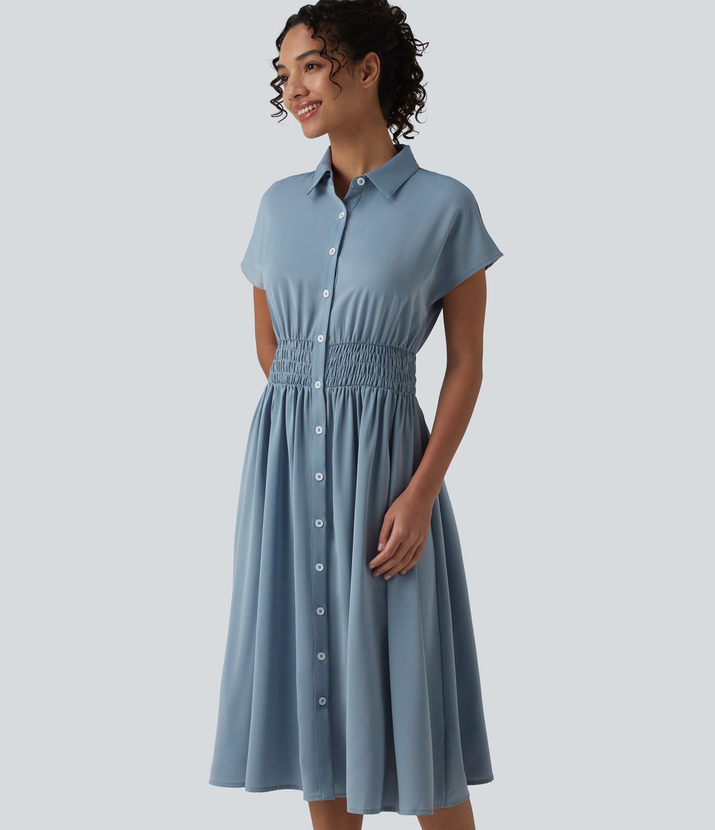 Wrinkle-Resistant Short Sleeve Midi Casual Shirt Dress