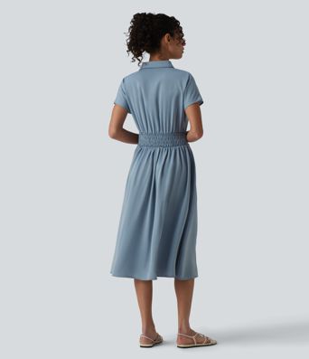 Wrinkle-Resistant Short Sleeve Midi Casual Shirt Dress