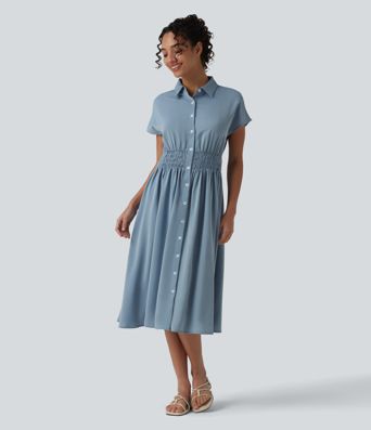 Wrinkle-Resistant Short Sleeve Midi Casual Shirt Dress
