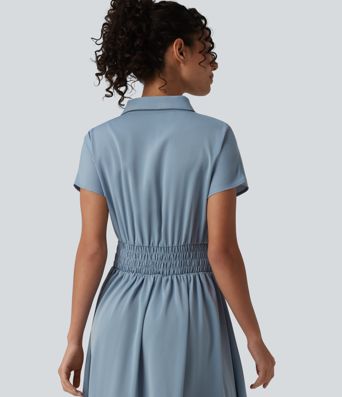 Wrinkle-Resistant Short Sleeve Midi Casual Shirt Dress