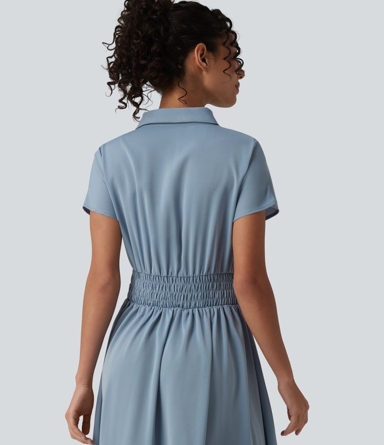 Wrinkle-Resistant Short Sleeve Midi Casual Shirt Dress