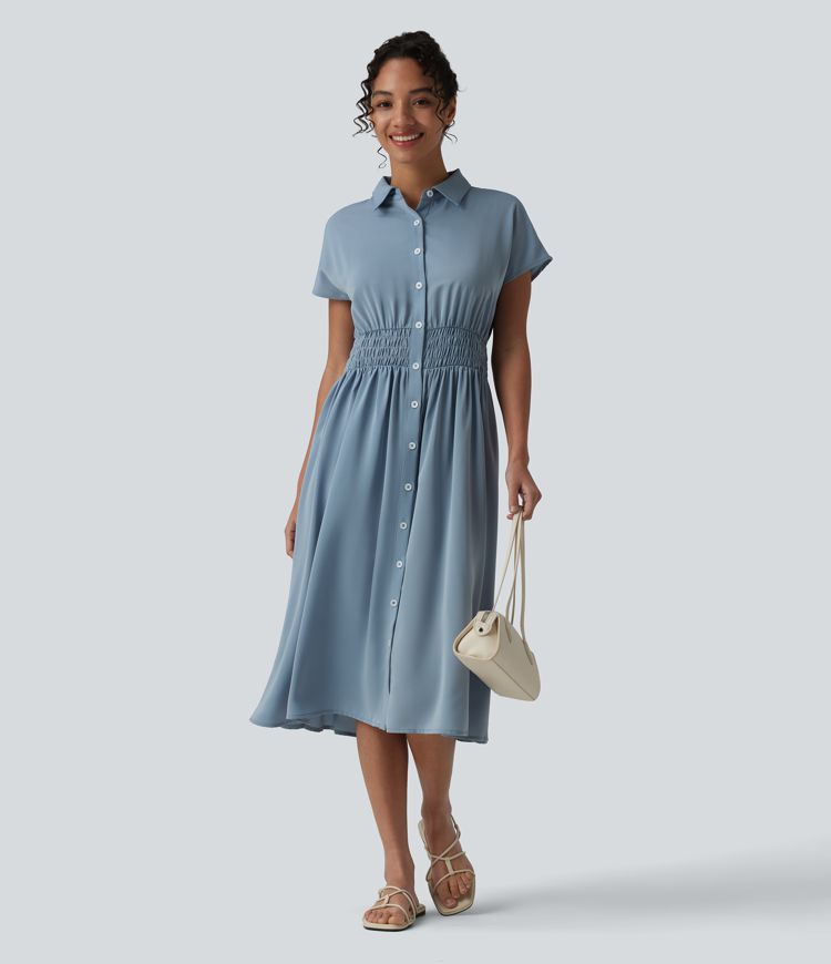 Wrinkle-Resistant Short Sleeve Midi Casual Shirt Dress
