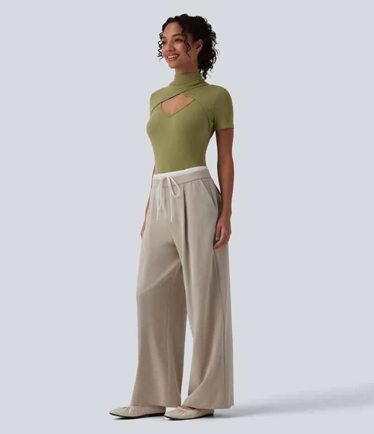 Ribbed Knit High Neck Cut Out Short Sleeve Skinny Casual Bodysuit