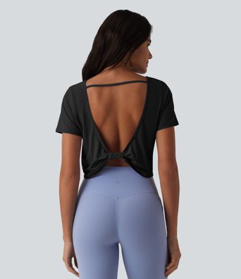 Yoga-Sport-Top mit U-Boot-Ausschnitt, Kurzarm und Cool-Touch – UPF50+