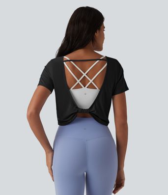 Yoga-Sport-Top mit U-Boot-Ausschnitt, Kurzarm und Cool-Touch – UPF50+