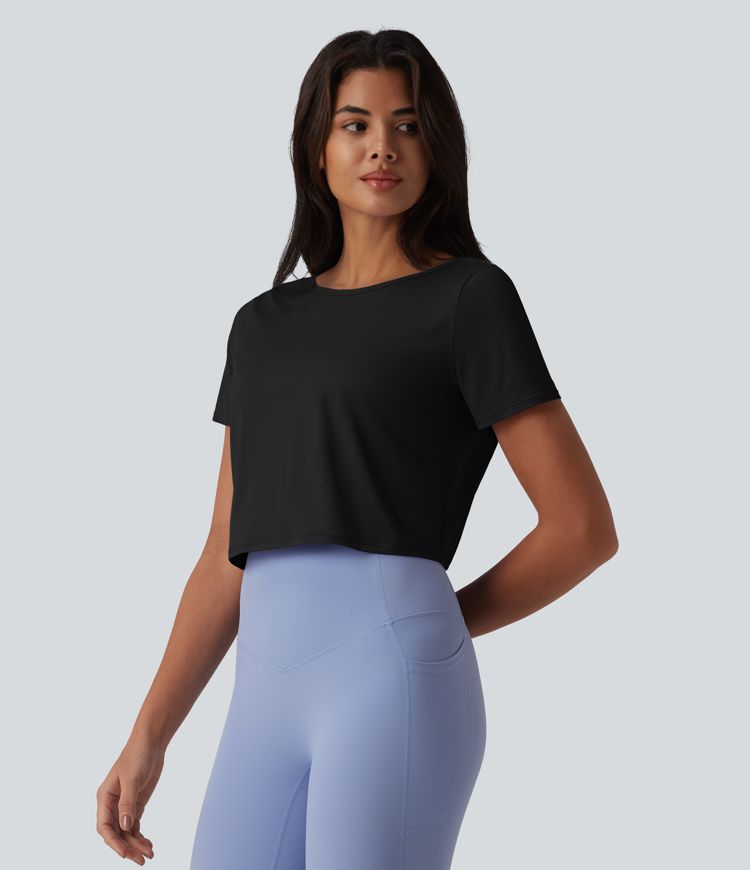 Yoga-Sport-Top mit U-Boot-Ausschnitt, Kurzarm und Cool-Touch – UPF50+