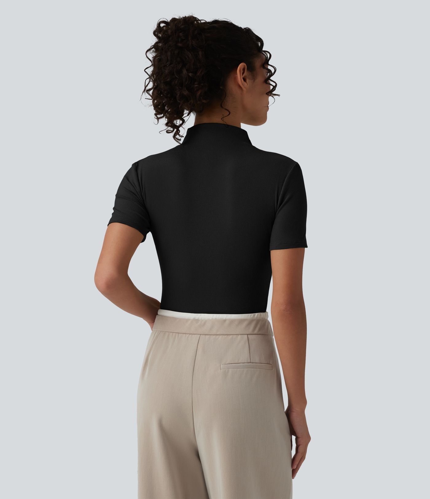 Ribbed Knit High Neck Cut Out Short Sleeve Skinny Casual Bodysuit