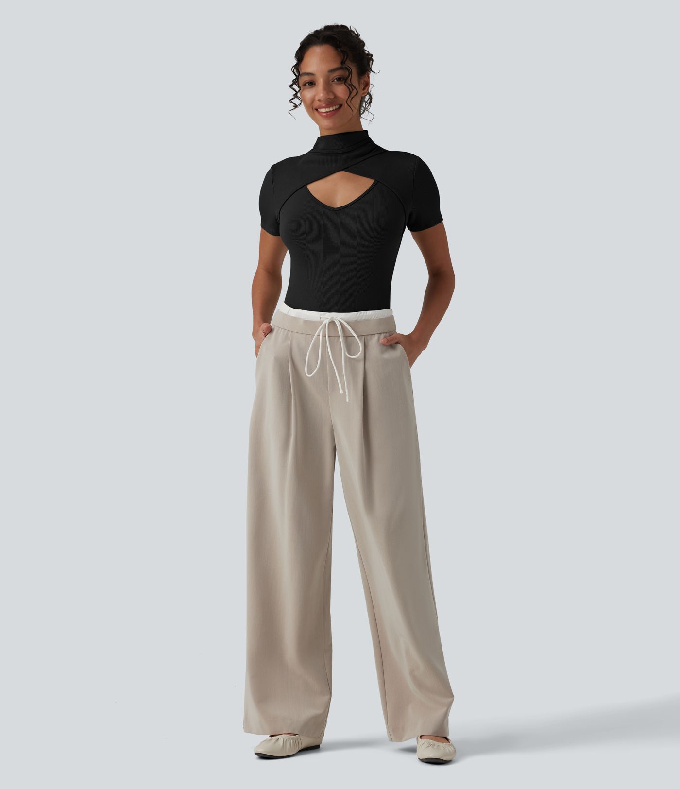 Ribbed Knit High Neck Cut Out Short Sleeve Skinny Casual Bodysuit