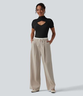 Ribbed Knit High Neck Cut Out Short Sleeve Skinny Casual Bodysuit