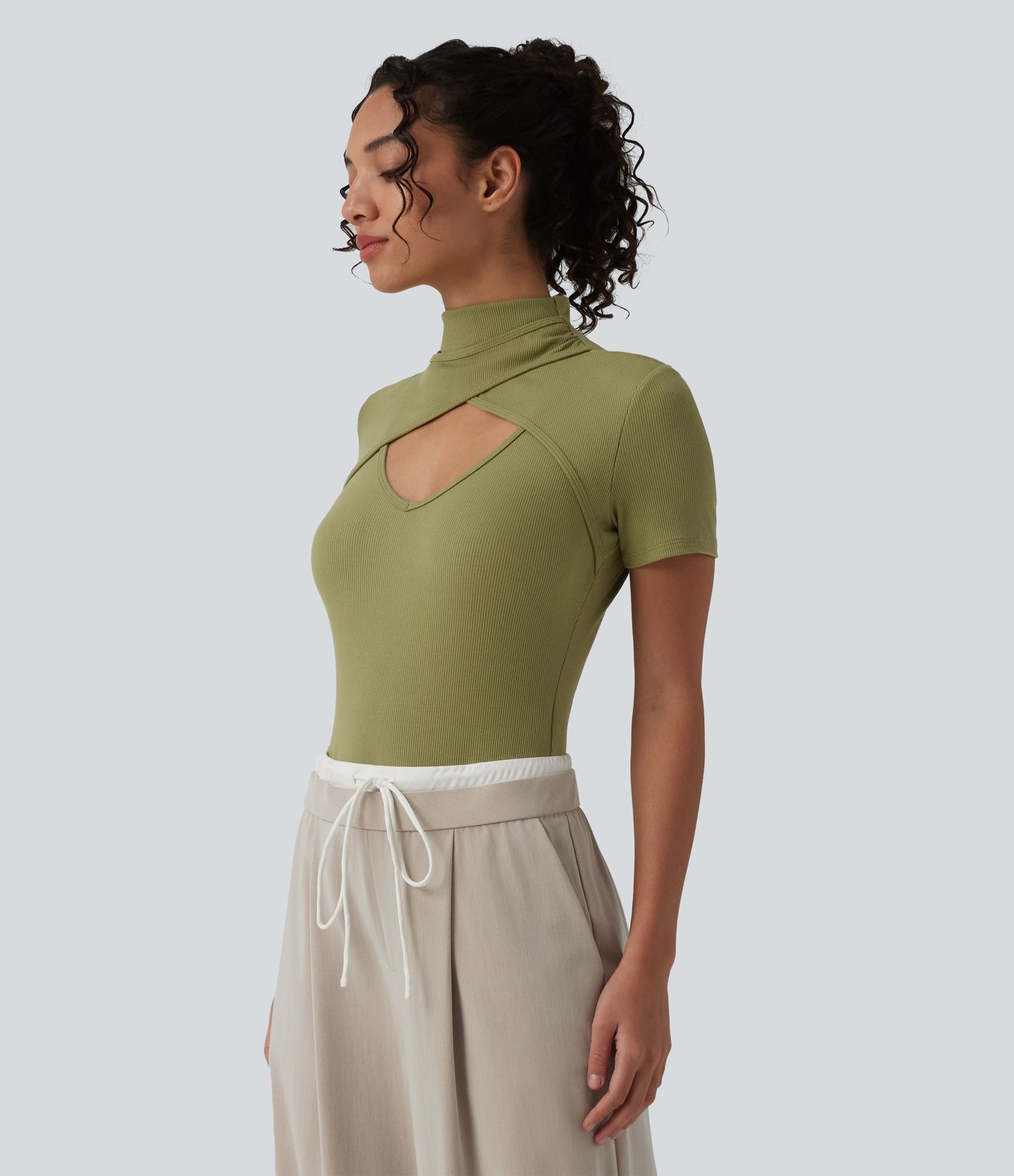 Ribbed Knit High Neck Cut Out Short Sleeve Skinny Casual Bodysuit