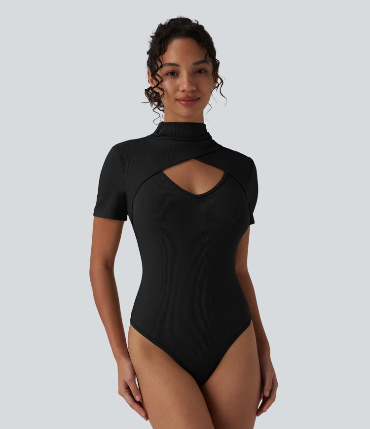Ribbed Knit High Neck Cut Out Short Sleeve Skinny Casual Bodysuit