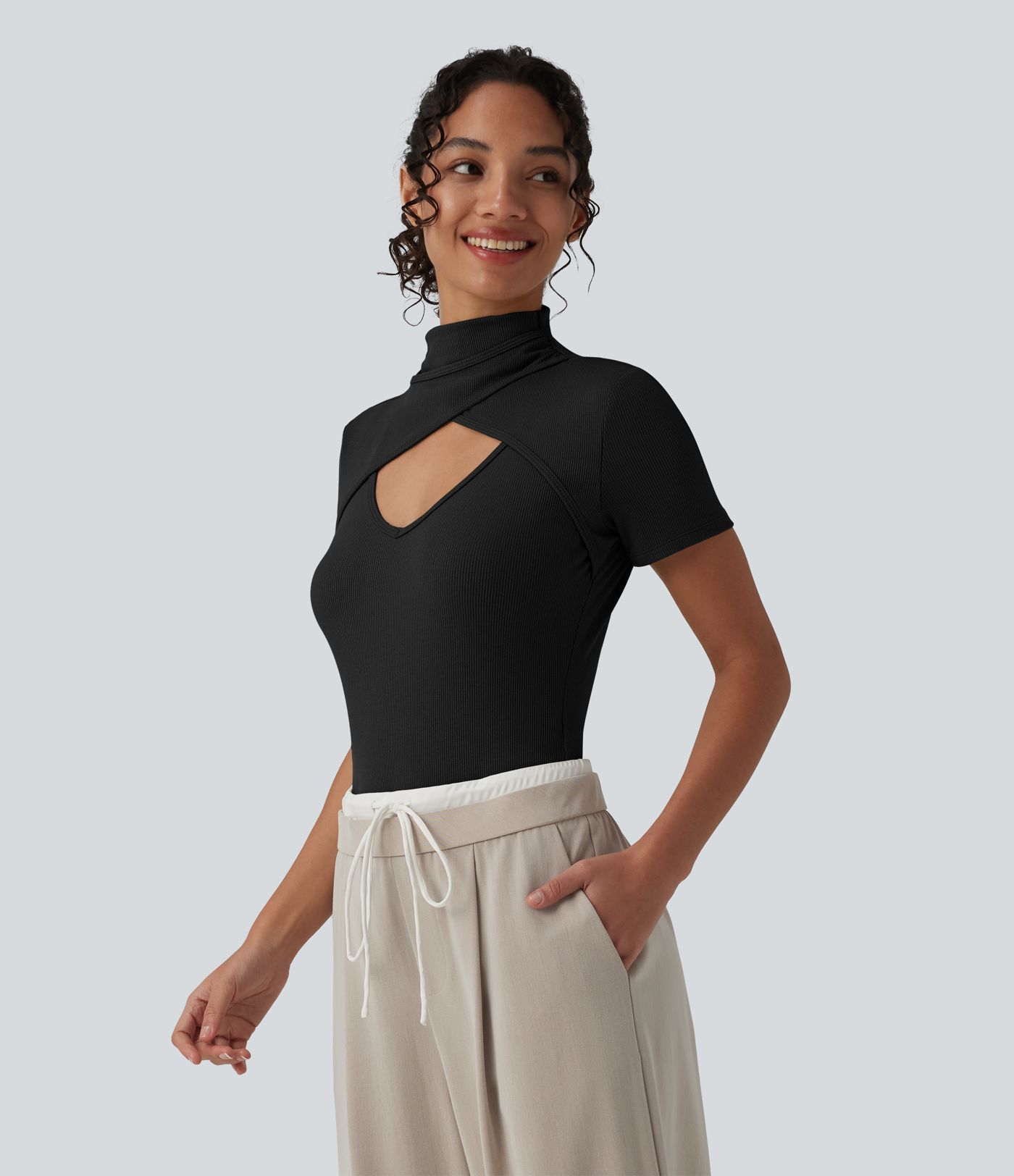 Ribbed Knit High Neck Cut Out Short Sleeve Skinny Casual Bodysuit