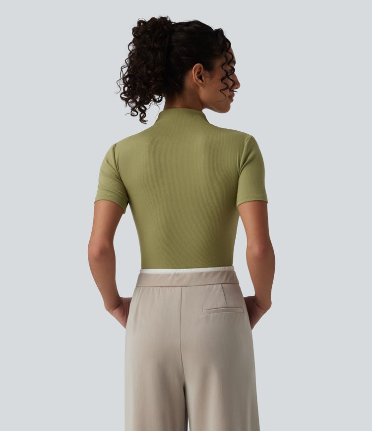 Ribbed Knit High Neck Cut Out Short Sleeve Skinny Casual Bodysuit