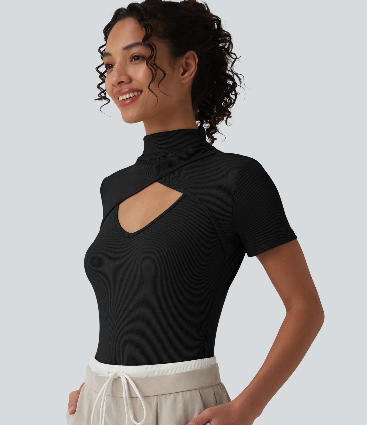 Ribbed Knit High Neck Cut Out Short Sleeve Skinny Casual Bodysuit