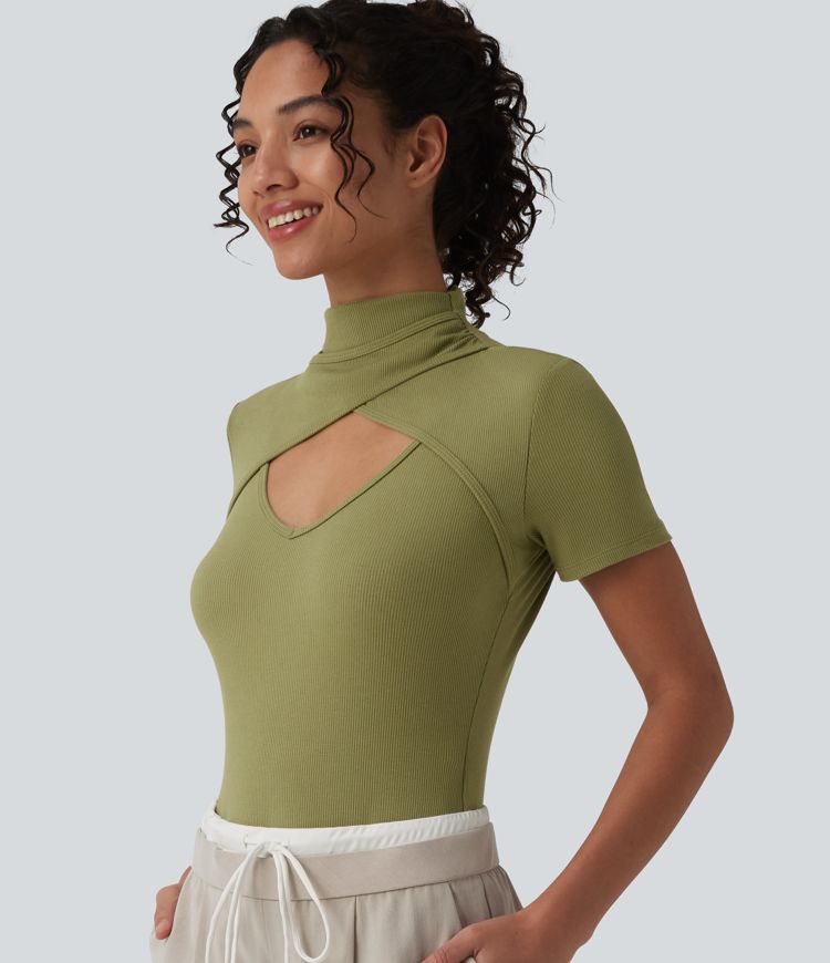 Ribbed Knit High Neck Cut Out Short Sleeve Skinny Casual Bodysuit