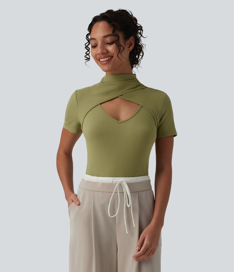 Ribbed Knit High Neck Cut Out Short Sleeve Skinny Casual Bodysuit