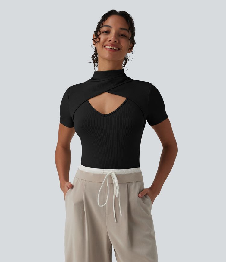 Ribbed Knit High Neck Cut Out Short Sleeve Skinny Casual Bodysuit