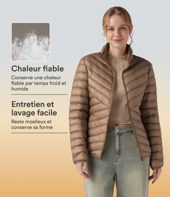 Veste casual compactable en duvet synthétique zippée à col montant et manches longues avec poches