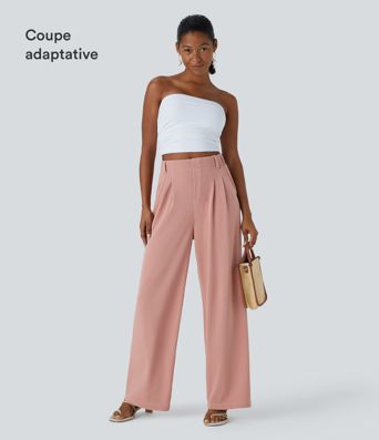 Halara Flex™ High-waisted, wide-leg tailored trousers in waffle-textured fabric with pleats and side pockets