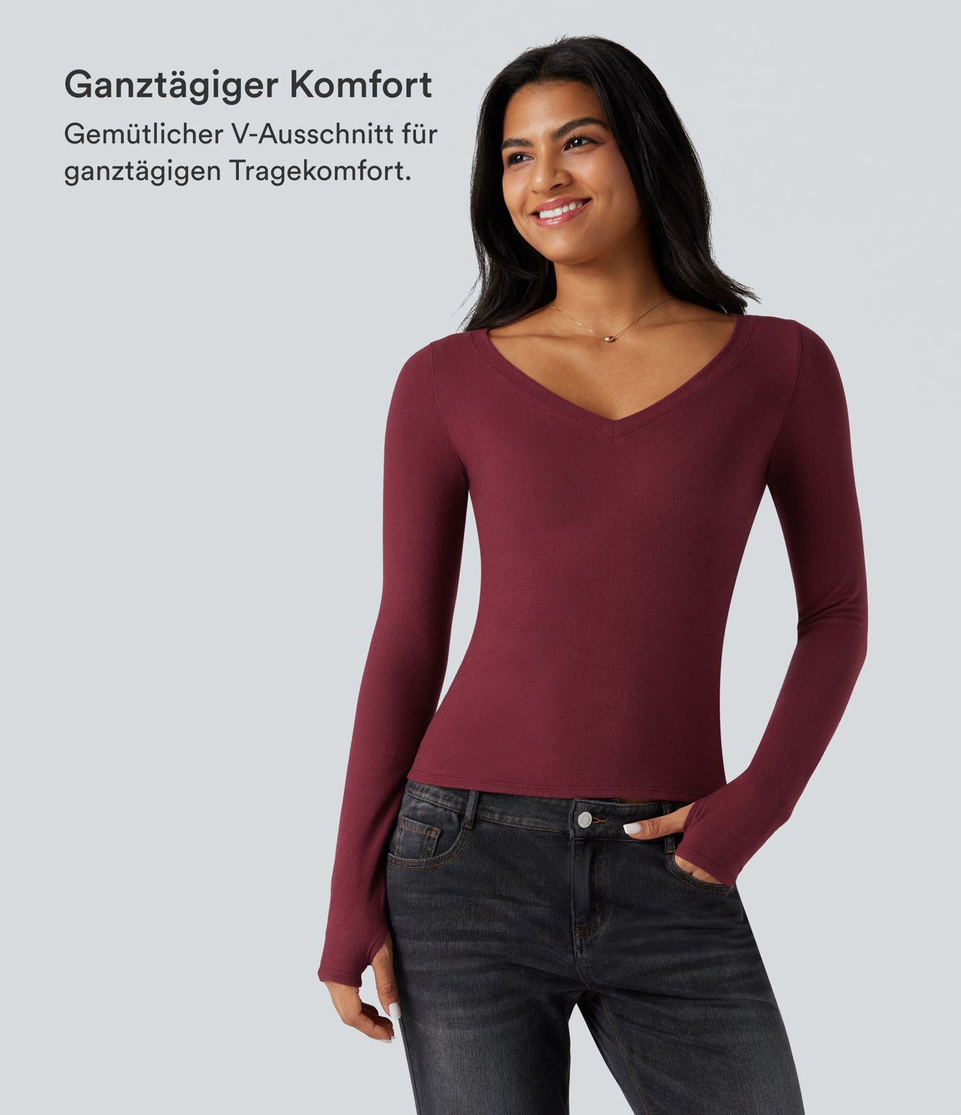 Lässiges Oberteil mit V-Ausschnitt, langen Ärmeln und Daumenlöchern - wärmend