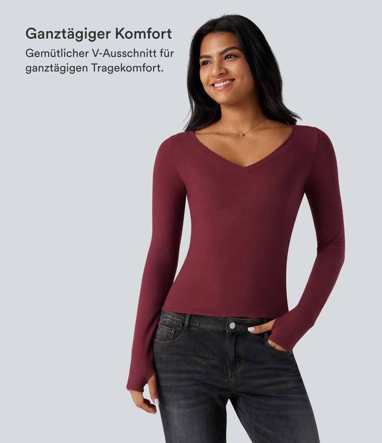 Lässiges Oberteil mit V-Ausschnitt, langen Ärmeln und Daumenlöchern - wärmend