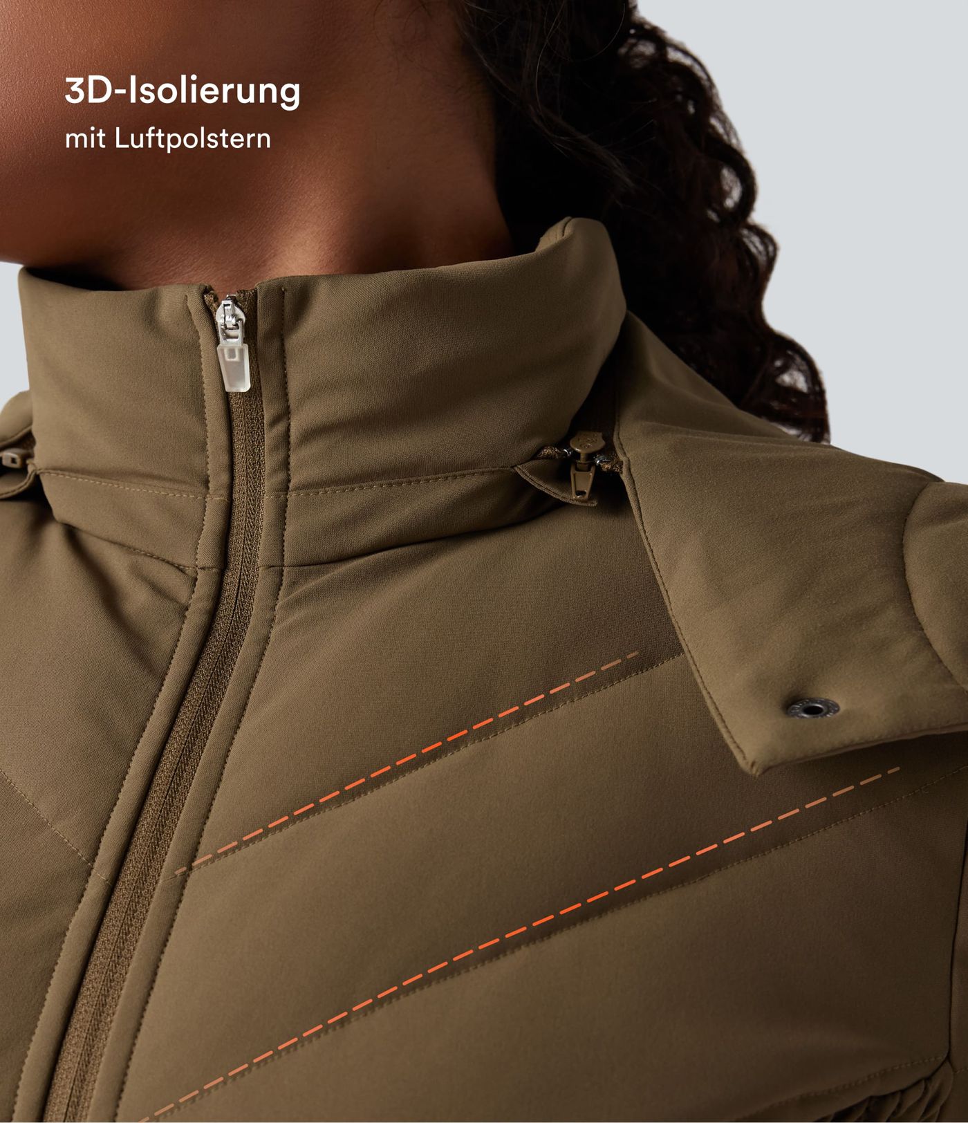 Lässige, geraffte Steppjacke mit abnehmbarer Kapuze, Seitentaschen und langen Ärmeln