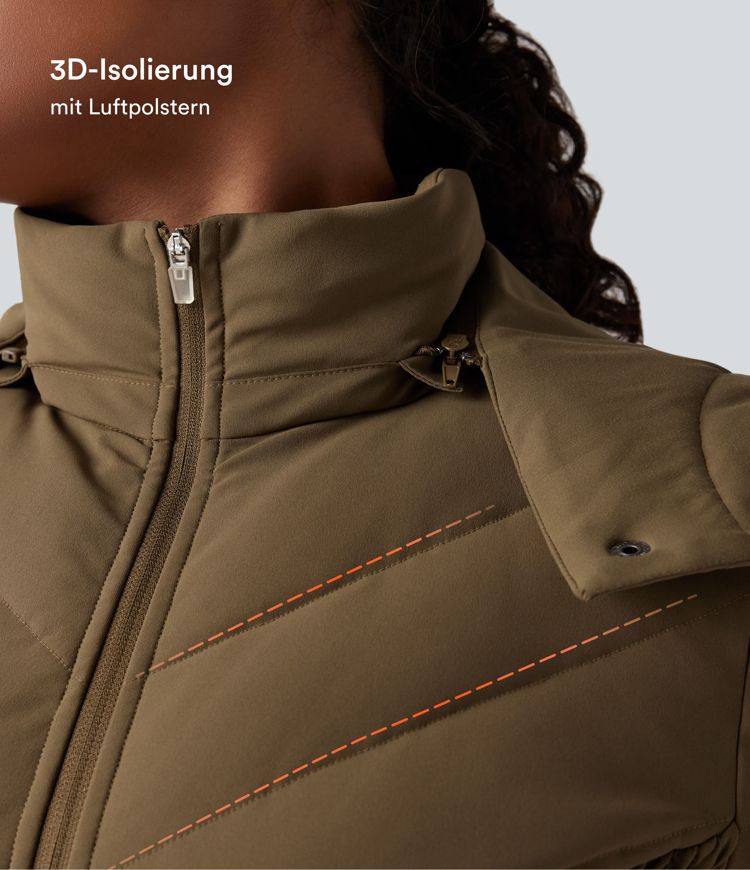 Lässige, geraffte Steppjacke mit abnehmbarer Kapuze, Seitentaschen und langen Ärmeln