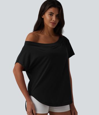 Top de sport yoga asymétrique à épaule dénudée manches courtes ourlet arrondi et coupe asymétrique à séchage rapide – Soutien-gorge intégré