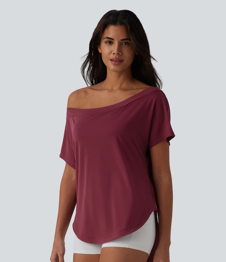 One Shoulder Short Sleeve Curved Hem High Low Quick Dry Yoga Sports Top-Built-in Bra