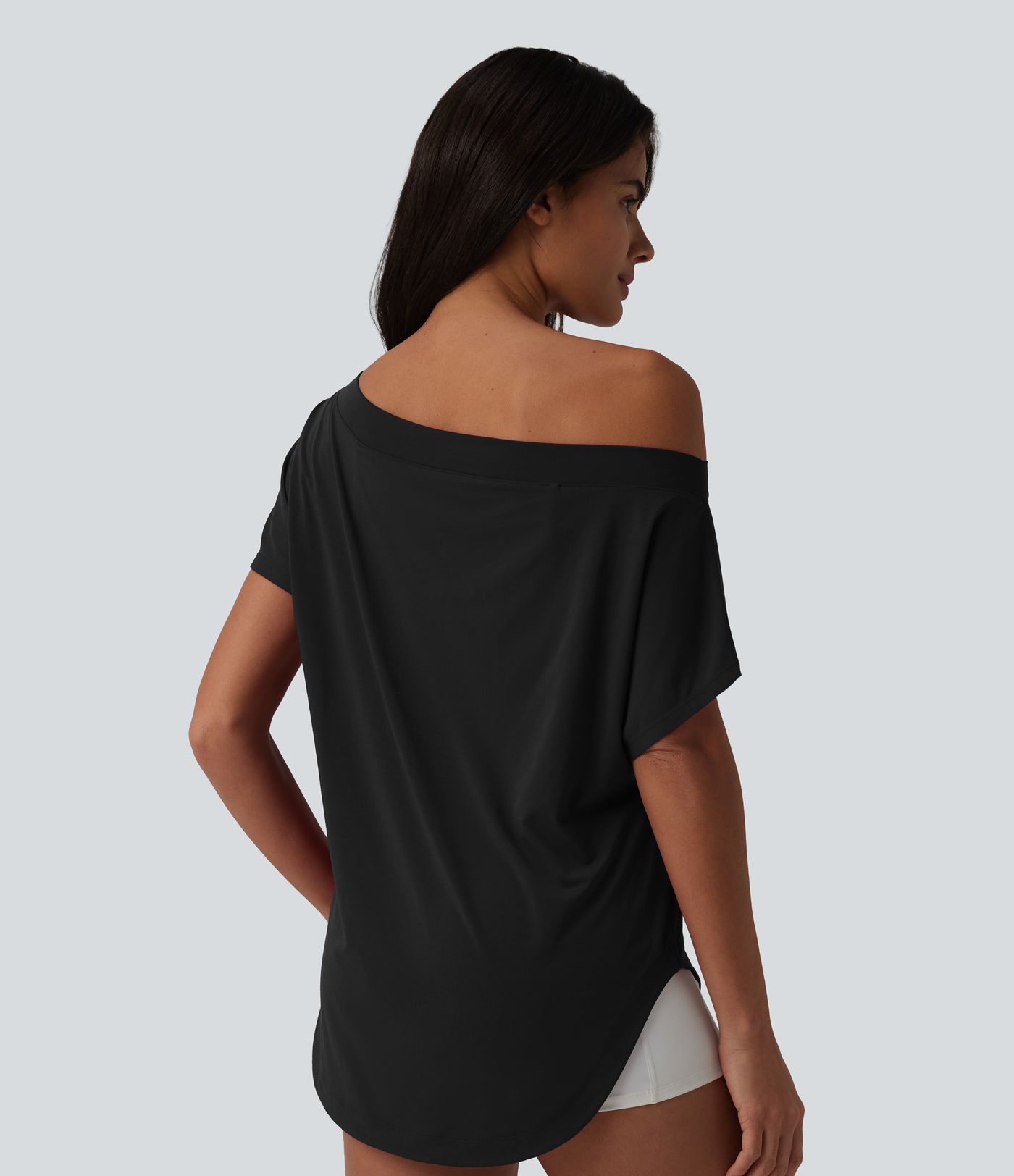 Top de sport yoga asymétrique à épaule dénudée manches courtes ourlet arrondi et coupe asymétrique à séchage rapide – Soutien-gorge intégré