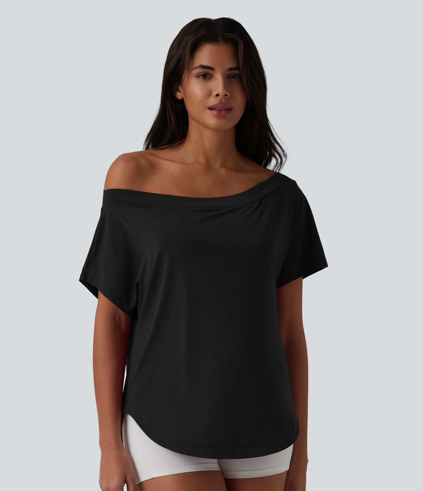 Top de sport yoga asymétrique à épaule dénudée manches courtes ourlet arrondi et coupe asymétrique à séchage rapide – Soutien-gorge intégré