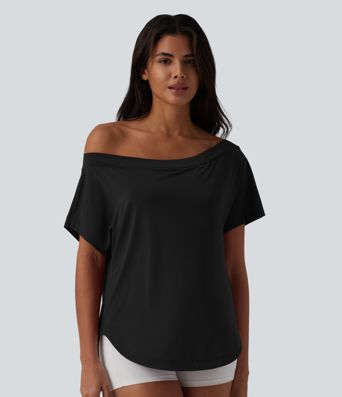 Top de sport yoga asymétrique à épaule dénudée manches courtes ourlet arrondi et coupe asymétrique à séchage rapide – Soutien-gorge intégré