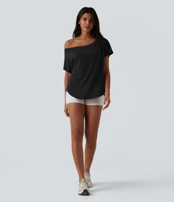 Top de sport yoga asymétrique à épaule dénudée manches courtes ourlet arrondi et coupe asymétrique à séchage rapide – Soutien-gorge intégré