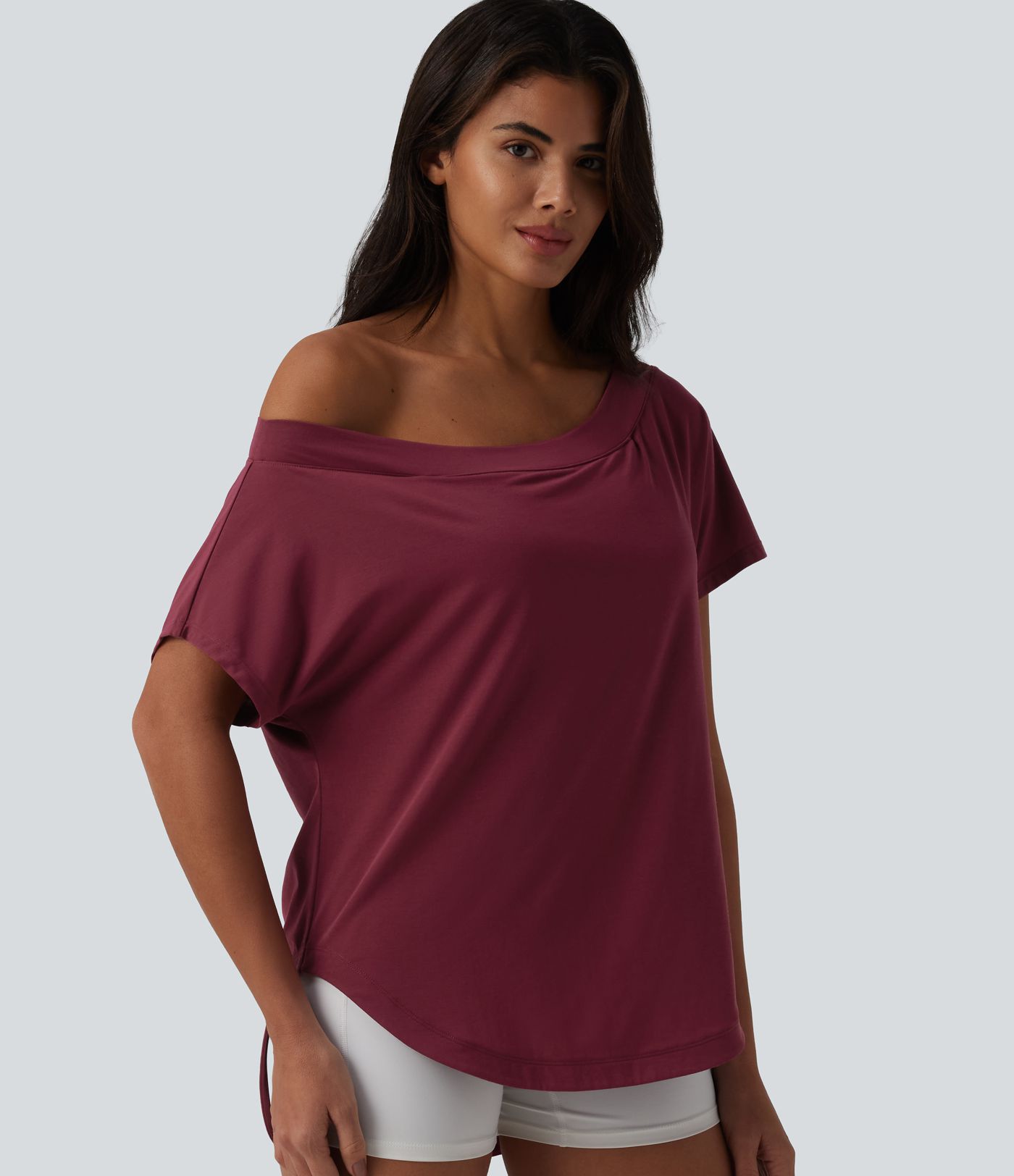 One Shoulder Short Sleeve Curved Hem High Low Quick Dry Yoga Sports Top-Built-in Bra